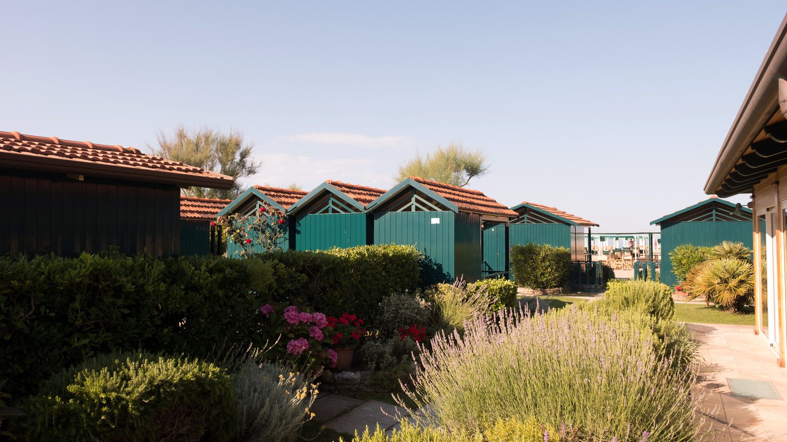 Le cabine e il giardino nella luce bassa del mattino
